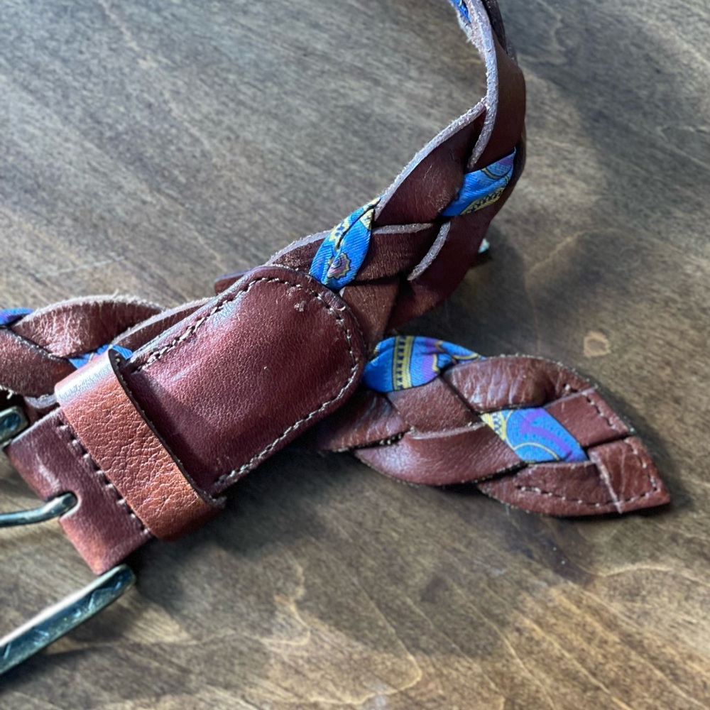 Amos Braided Belt Leather Silk Antique Brass Buckle Robert Graham Size 36